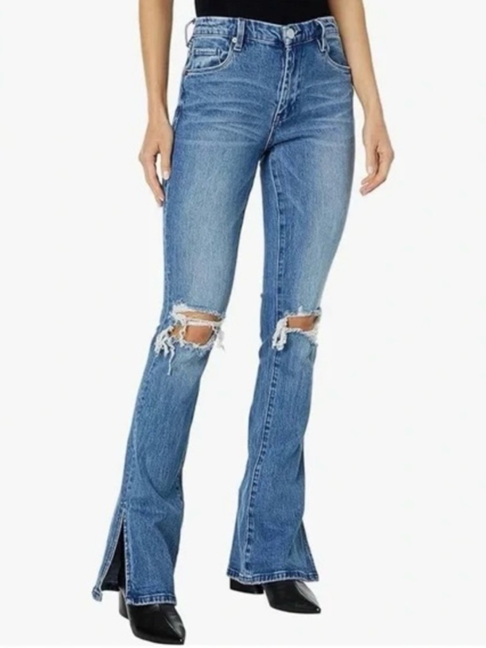 BlankNYC Lexington Ripped High-Rise Flare Jeans in Medium Blue NWT